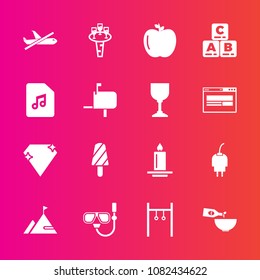 Premium set with fill vector icons. Such as technology, nature, flight, sport, fire, alcohol, airplane, energy, ice, wine, drink, child, plane, diamond, dessert, fresh, snorkel, play, flame, water