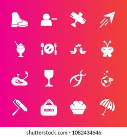 Premium set with fill vector icons. Such as bicycle, flight, tool, science, cake, travel, open, weather, exploration, brush, account, roller, paint, glass, plane, delete, umbrella, dessert, dentist