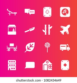 Premium set with fill vector icons. Such as fitness, architecture, bamboo, work, tree, supermarket, dinner, restaurant, poker, sound, nature, cutlery, business, knife, store, shop, natural, table