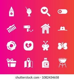 Premium set with fill vector icons. Such as barbecue, butterfly, beauty, pin, travel, sweet, food, present, ice, box, gift, female, turn, doughnut, broken, mouthwash, clothes, meat, bbq, dental, milk