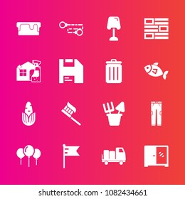 Premium set with fill vector icons. Such as lamp, delivery, hygiene, nation, flag, sand, internet, corn, chain, truck, cleaner, newspaper, furniture, housework, healthy, spray, fresh, clean, cabinet