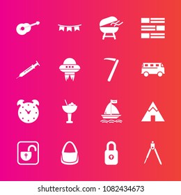 Premium set with fill vector icons. Such as alarm, wind, lock, clock, cocktail, happy, alcohol, security, outdoor, drink, background, barbecue, flag, equipment, bbq, bag, board, music, unlock, travel