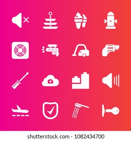Premium set with fill vector icons. Such as repair, bear, plane, screwdriver, fan, sweet, hygiene, hydrant, dinner, airport, food, equipment, ice, music, bathroom, cloud, air, sound, security, work