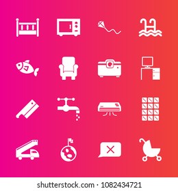 Premium set with fill vector icons. Such as water, meat, faucet, dessert, truck, joy, stroller, bar, space, sink, home, conditioner, kite, nature, microwave, transport, air, bed, cradle, bathroom, sky