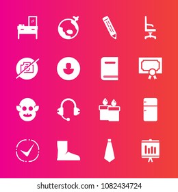 Premium set with fill vector icons. Such as furniture, cabinet, flight, monster, decoration, chair, picture, fire, interior, microphone, ufo, business, speaker, wax, household, boot, photo, armchair