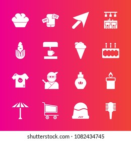 Premium set with fill vector icons. Such as food, phone, ninja, cart, wagasa, mobile, beauty, clothing, sweet, hair, clothes, flame, cap, care, cursor, kid, child, wax, umbrella, bar, comb, baby, hat