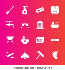Premium set with fill vector icons. Such as meat, lamp, baby, chemical, newborn, brush, plane, bowl, health, departure, roller, graph, report, bbq, pesticide, travel, noodle, spray, equipment, medical