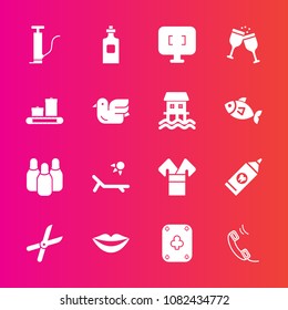 Premium set with fill vector icons. Such as monitor, screen, bowling, costume, ball, drink, clean, phone, lips, girl, work, teeth, beauty, sign, summer, asia, pump, poker, wine, kimono, luggage, cut