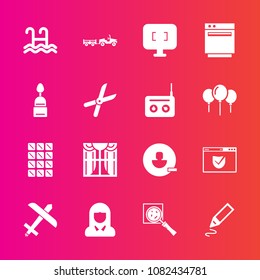 Premium set with fill vector icons. Such as interior, woman, internet, sweet, find, curtain, office, screen, monitor, home, flight, water, food, light, check, magnifier, remove, bar, shipping, truck