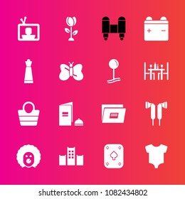 Premium set with fill vector icons. Such as clothes, screen, circus, child, tv, battery, play, clothing, character, technology, spaceship, clown, brochure, full, floral, game, vacation, fashion, baby