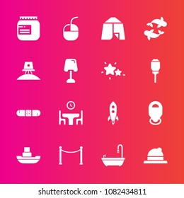 Premium set with fill vector icons. Such as launch, home, style, ship, technology, family, fashion, glass, tent, rocket, location, astronaut, mouse, white, toilet, food, health, jar, map, headwear