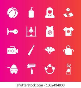 Premium set with fill vector icons. Such as sport, fan, young, video, room, housework, bottle, liquid, toy, face, hotel, rattle, traditional, bedroom, game, girl, baby, film, handle, lady, soap, child