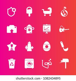 Premium set with fill vector icons. Such as machine, object, housework, kitchen, message, mailbox, security, baby, cooking, holiday, spring, recycle, mail, wash, upload, waste, first, earth, post, box