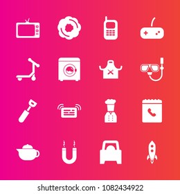 Premium set with fill vector icons. Such as magnet, old, dessert, internet, phone, scooter, cake, transport, restaurant, tea, kitchen, vehicle, teapot, spoon, doughnut, notification, telephone, wash