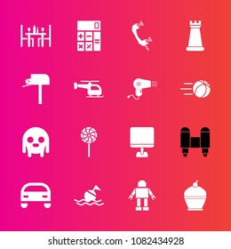 Premium set with fill vector icons. Such as buoy, telephone, spaceship, technology, laptop, calculator, ufo, computer, mailbox, call, game, chess, sweet, finance, rocket, restaurant, strategy, post