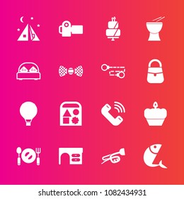 Premium set with fill vector icons. Such as desk, sea, phone, musical, dessert, white, cake, sign, bear, travel, photographer, call, pie, play, fork, photography, jump, percussion, work, plate, photo