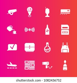Premium set with fill vector icons. Such as tea, fashion, gun, location, cook, weapon, sign, communication, dessert, newspaper, hair, chef, chat, plane, apron, cake, cocktail, medicine, air, dryer
