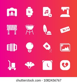 Premium set with fill vector icons. Such as watch, photo, package, fan, screen, warm, christmas, white, minute, technology, cargo, home, sensu, baby, broken, accordion, traditional, delivery, file