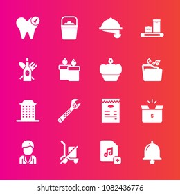 Premium set with fill vector icons. Such as shopping, travel, file, handle, send, wrench, boy, waiter, waitress, object, spanner, restaurant, healthy, bucket, tool, dental, white, bell, call, add, man