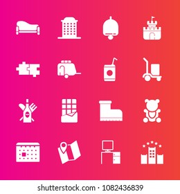 Premium set with fill vector icons. Such as dessert, red, cute, work, time, bear, couch, bell, leather, call, sweet, city, fluffy, interior, footwear, glass, vacation, hotel, desk, timetable, room