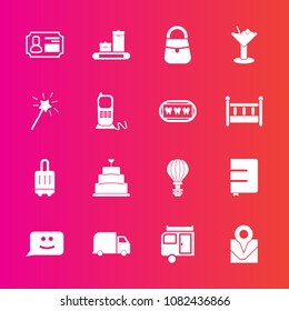 Premium set with fill vector icons. Such as parachute, sky, magic, smile, fashion, paper, dessert, map, service, delivery, chat, airport, wand, pie, location, travel, luggage, caravan, identity, cake