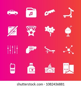 Premium set with fill vector icons. Such as wash, estate, construction, mouth, handgun, saw, technology, telephone, house, business, fitness, phone, weapon, dont, architecture, mouthwash, move, city