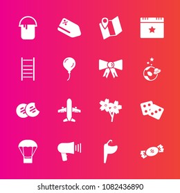 Premium set with fill vector icons. Such as painter, snack, water, discount, celebration, success, hot, lollipop, food, bathroom, house, sink, candy, tag, location, balloon, tap, plane, sale, map, air