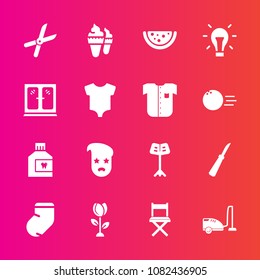 Premium set with fill vector icons. Such as socks, dental, fashion, knife, housework, blossom, vacuum, musical, cream, pruning, nature, sweet, electricity, music, food, watermelon, winter, flower, ice
