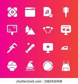 Premium set with fill vector icons. Such as music, industrial, file, add, browser, grain, apron, star, brush, internet, astronomy, agriculture, universe, uniform, computer, hair, ball, electric, iron