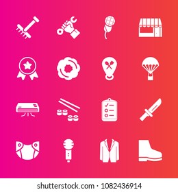 Premium set with fill vector icons. Such as diaper, seafood, music, cutlery, microphone, construction, checklist, rake, fish, care, air, mark, song, salmon, dinner, industry, foreman, market, sound