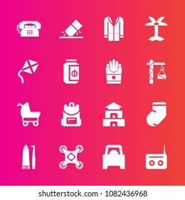 Premium set with fill vector icons. Such as education, toothpaste, jacket, travel, dental, radio, socks, vehicle, baby, phone, drone, summer, health, communication, bag, stroller, equipment, white