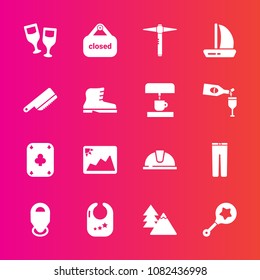 Premium set with fill vector icons. Such as helmet, landscape, frame, ship, rattle, banner, poker, photo, shop, clothing, image, picture, wine, location, sign, hammer, knife, work, nature, alcohol