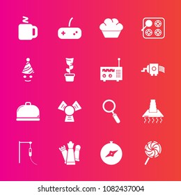 Premium set with fill vector icons. Such as birthday, play, drink, celebration, kitchen, chess, north, lollipop, restaurant, piece, home, sweet, map, hood, doughnut, room, green, strategy, glass, cook