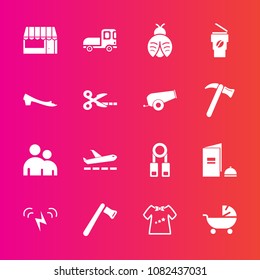 Premium set with fill vector icons. Such as stroller, sun, person, people, transportation, supermarket, book, paper, training, fly, baby, axe, vehicle, man, clothing, child, energy, market, truck, bug