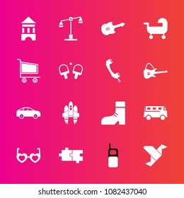 Premium set with fill vector icons. Such as old, baby, tower, craft, carriage, space, art, puzzle, communication, style, telephone, creative, move, transport, music, phone, sunglasses, spaceship, left