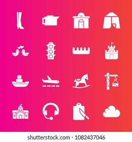 Premium set with fill vector icons. Such as tent, airport, ship, footwear, cloud, cafe, business, fashion, sound, baby, espresso, horse, camp, government, sea, building, restaurant, adventure, hammer