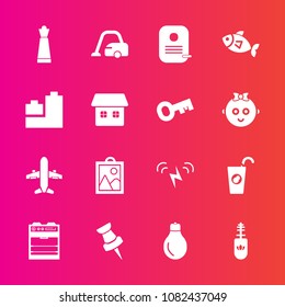 Premium set with fill vector icons. Such as food, healthy, power, domestic, cleaner, airplane, sign, pin, makeup, ecology, picture, vacuum, fashion, seafood, fruit, chess, image, bulb, fresh, piece