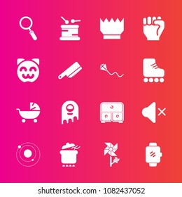 Premium set with fill vector icons. Such as smart, system, music, watch, ufo, musical, science, zoom, fiction, glass, hand, crown, king, sound, floral, pram, alien, monster, volume, gadget, kid, royal