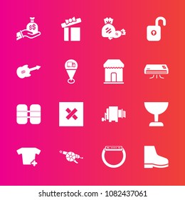 Premium set with fill vector icons. Such as music, weapon, war, time, gun, guitar, bag, sign, gadget, equipment, musical, closed, holiday, sack, protection, celebration, gift, business, fashion, smart