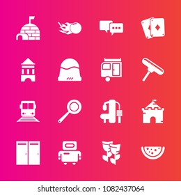 Premium set with fill vector icons. Such as entrance, futuristic, snow, castle, medieval, space, utensil, android, house, train, food, blossom, home, comet, ice, game, door, fitness, robot, technology