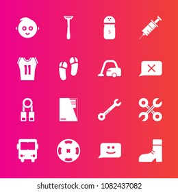 Premium set with fill vector icons. Such as paper, drill, bus, service, smile, industrial, poker, presentation, equipment, salt, wrench, clinic, money, child, training, cute, face, repair, white, tool