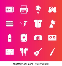 Premium set with fill vector icons. Such as perfume, game, warm, fireplace, equipment, guitar, dentist, theater, parachuting, music, fashion, extreme, knife, technology, butterfly, beauty, medical