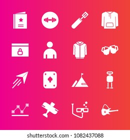 Premium set with fill vector icons. Such as fly, equipment, element, poker, internet, airplane, website, white, web, technology, stats, fitness, aircraft, favour, sport, game, flight, music, plane