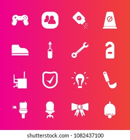 Premium set with fill vector icons. Such as office, interior, electricity, health, energy, food, cooking, business, play, bulb, security, group, wc, armchair, public, alarm, ladle, kitchen, toilet