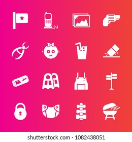 Premium set with fill vector icons. Such as america, handgun, gym, flag, flight, travel, diaper, ticket, lock, picture, direction, grill, fitness, baby, pinafore, frame, sea, uniform, gun, air, phone