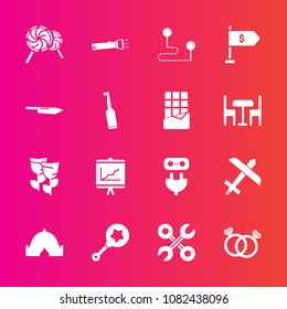 Premium set with fill vector icons. Such as outdoor, toy, engagement, adventure, electricity, map, lollipop, power, diamond, tool, nature, repair, service, position, point, baby, blossom, annual, food