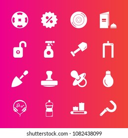 Premium set with fill vector icons. Such as shovel, kid, sound, travel, casino, wheel, idea, light, sale, poker, pacifier, audio, music, bulb, farming, auto, automobile, mark, power, construction, bag