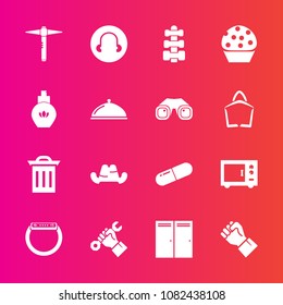 Premium set with fill vector icons. Such as waste, clothing, doughnut, box, finger, hat, headwear, hand, food, time, medical, kitchen, trash, helmet, cap, pill, garbage, fitness, medicine, oven, sweet