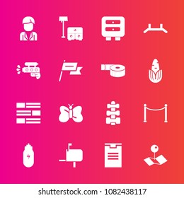 Premium set with fill vector icons. Such as butterfly, package, pistol, mail, equipment, drawer, man, chair, boy, newspaper, play, delivery, game, sofa, map, gun, fitness, lifestyle, insect, fence, up