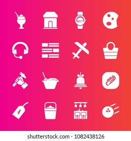 Premium set with fill vector icons. Such as watch, flight, sign, bucket, doughnut, object, industry, foreman, alert, headphone, pin, paperclip, bowling, clip, helmet, time, sport, tag, alarm, fun, bar